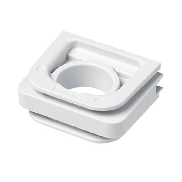 Ein weißer Kunststoff-Kabelhalter mit einer zentralen kreisrunden Öffnung und einer flachen Basis, der zum Organisieren und Befestigen von Kabeln verwendet wird.