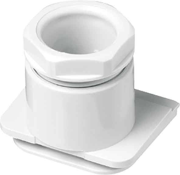 Ein weißer Kunststoff-Rohranschluss mit einer runden Öffnung, sechseckigem Oberteil und quadratischer Basis, verwendet für Sanitärinstallationen oder Kabelführung.