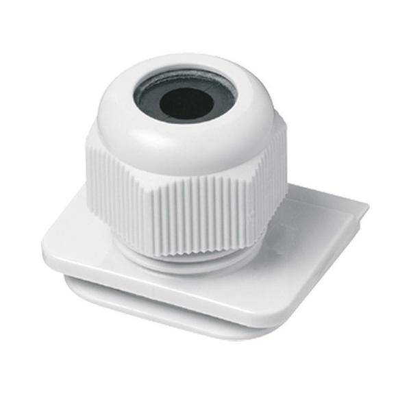 Weißer Kabelverschraubung mit einer Gewindekappe, montiert auf einer flachen, quadratischen Basis.