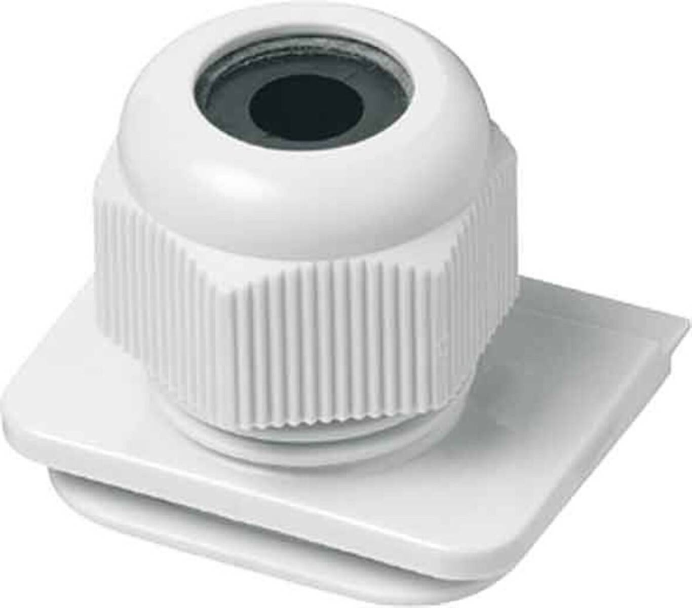 Eine weiße Kabelverschraubung mit Gewindekappe und Gummidichtung, die zum Sichern und Schützen von Kabeln bei der Durchführung durch ein Gehäuse entwickelt wurde.