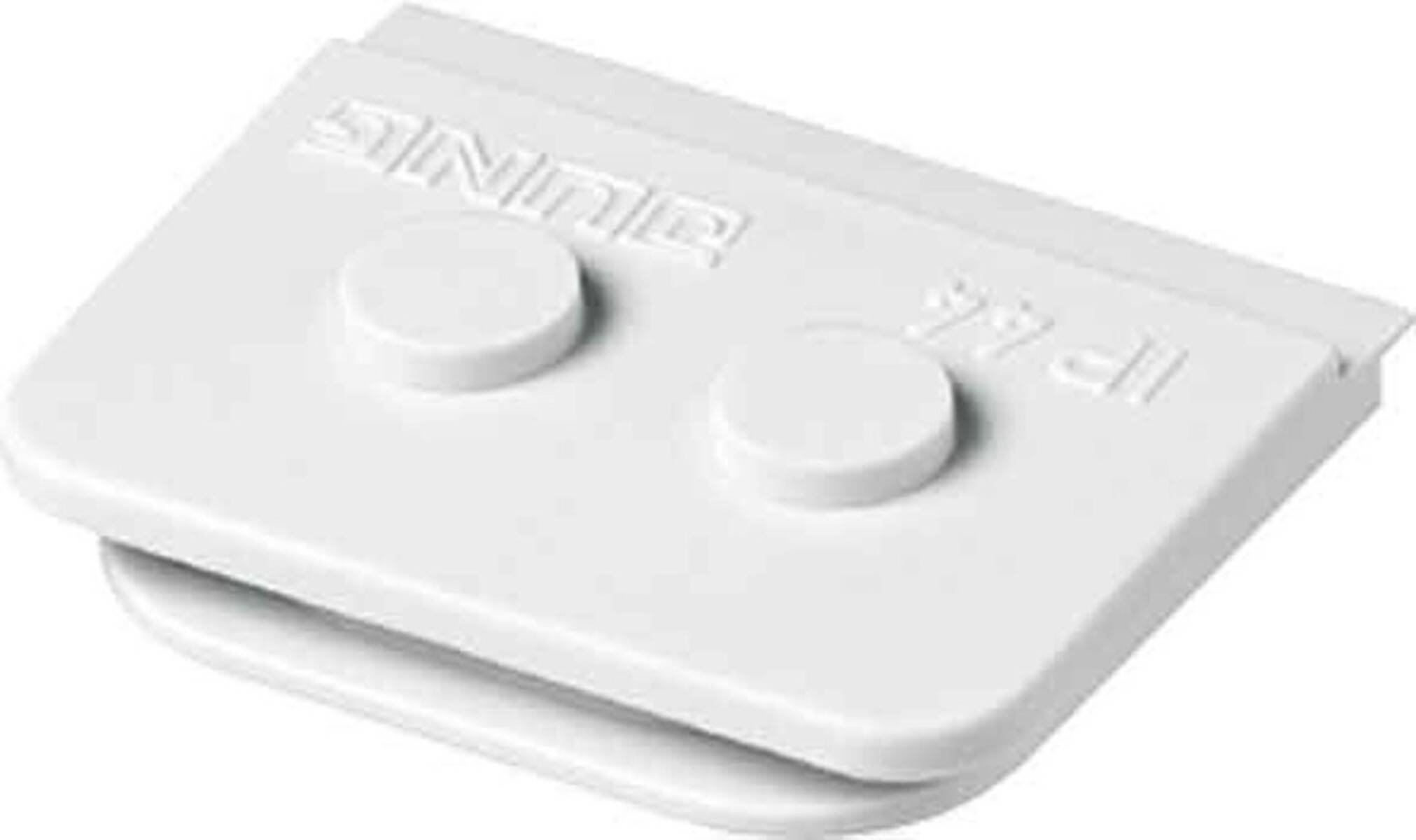 Weißer LEGO-Stein mit zwei Noppen, oben mit einem Teil des Wortes 'LEGO' geprägt.