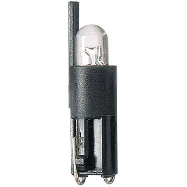 Nahaufnahme einer kleinen schwarzen LED-Anzeigelampe mit einer klaren Kuppel und Metallkontakten auf weißem Hintergrund.