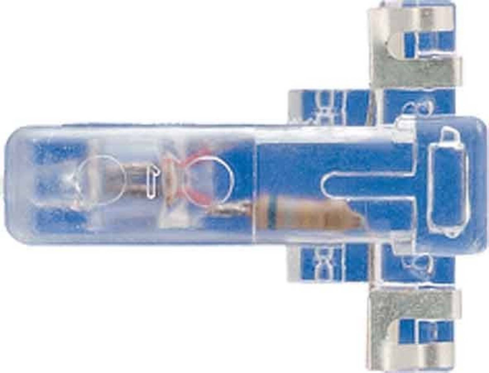 Eine durchsichtige Plastikschale in rechteckiger Form umhüllt eine kleine elektronische Komponente, höchstwahrscheinlich einen Widerstand, vor einem blauen Hintergrund mit Schaltkreisspuren.