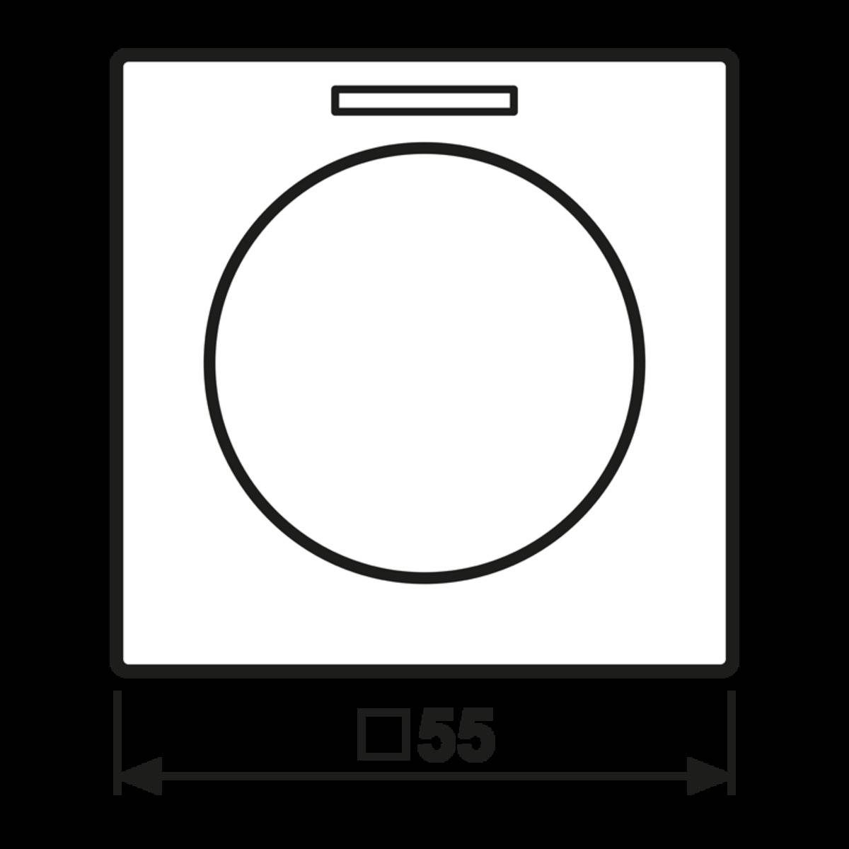 Ein quadratisches Symbol mit einem kreisförmigen Element in der Mitte, das eine Waschkapazität von '55' darstellt.