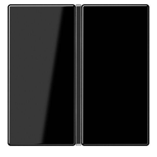 Ein geschlossenes, schwarzes Dual-Screen-Faltgerät mit glänzender Oberfläche, das sein Außendesign präsentiert.