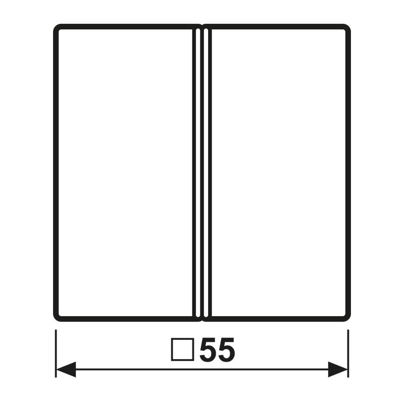 Ein offenes Buchsymbol mit doppelten vertikalen Linien und einer am unteren Rand beschrifteten Breite von '55', was auf Buchdimensionen oder Ränder hindeutet.