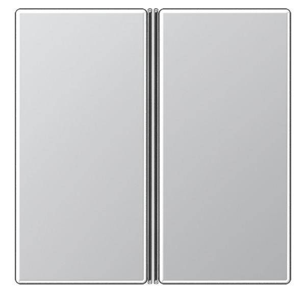 Eine Nahaufnahme eines modernen, geschlossenen, zweiflügeligen elektronischen Geräts mit reflektierender Metalloberfläche. Das Gerät ist in der Mitte mit einem Scharnier verbunden.