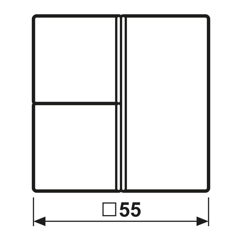 Diagramm, das ein Rechteck zeigt, das in drei Abschnitte unterteilt ist, mit zwei vertikalen und einer horizontalen Linie. Die Gesamtbreite ist mit '55' beschriftet.