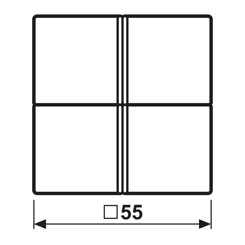 Ein quadratisches Raster, das in vier gleiche Teile unterteilt ist, mit einer fetten, doppelten Vertikallinie, die die beiden linken Quadrate trennt. Darunter ist die Zahl '55' als Maß angegeben.