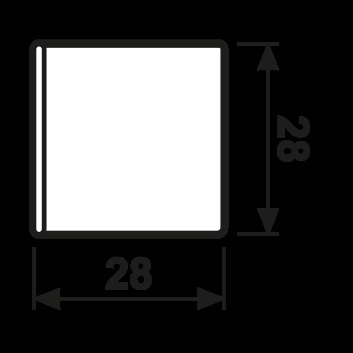 Ein Quadrat mit beschrifteten Abmessungen von 28 mal 28, mit Pfeilen, die Länge und Breite anzeigen.