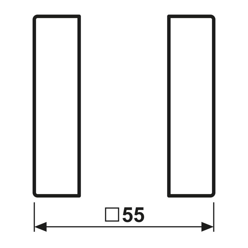 Zwei parallele vertikale weiße Rechtecke mit schwarzem Rahmen. Die Basis ist mit einem doppelköpfigen Pfeil mit der Markierung '55' versehen.