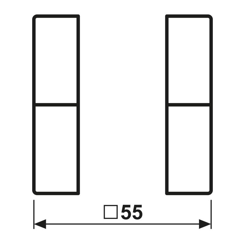 Zwei vertikale Rechtecke, durch eine Lücke getrennt, jeweils mit einer horizontalen Linie in der Mitte; Breite mit '55' beschriftet.