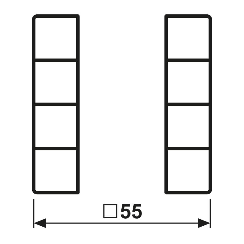 Zwei vertikale rechteckige Säulen, die jeweils drei Quadrate auf einem schwarzen Hintergrund enthalten. Ein horizontaler Pfeil darunter, beschriftet mit '55'.