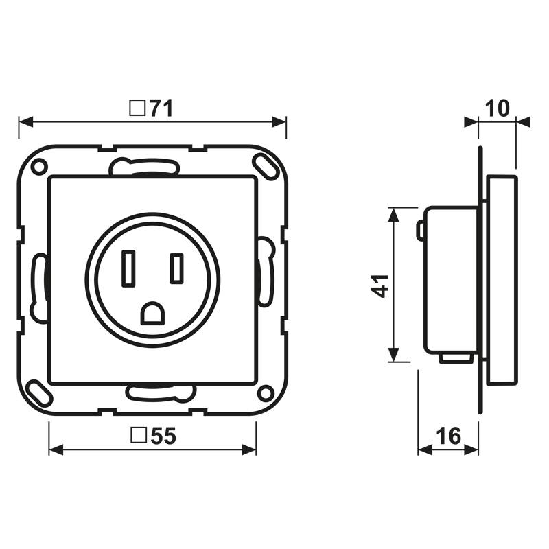 Vorder- und Seitenansicht einer 3-poligen Steckdose mit Abmessungen: 71x71mm extern, 55x55mm intern, 41mm Höhe, 16mm Tiefe.