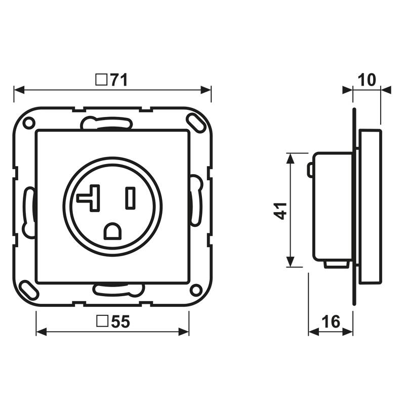 Elektrischer Steckdosenentwurf mit Front- und Seitenabmessungen: 71 mm Gesamtbreite, 55 mm Steckdosenbreite, 41 mm Höhe, 16 mm Tiefe.