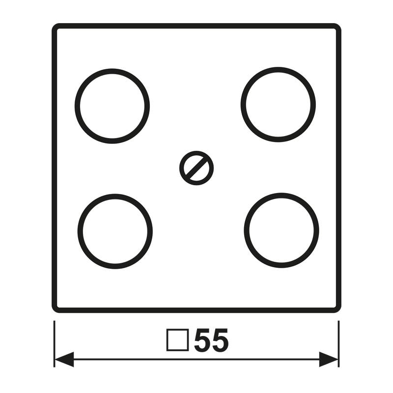 Ein weißes quadratisches Panel mit vier schwarzen kreisförmigen Brennern, angeordnet in einem Zwei-mal-zwei-Raster. Ein durchgestrichener Kreis-Symbol ist zentriert.