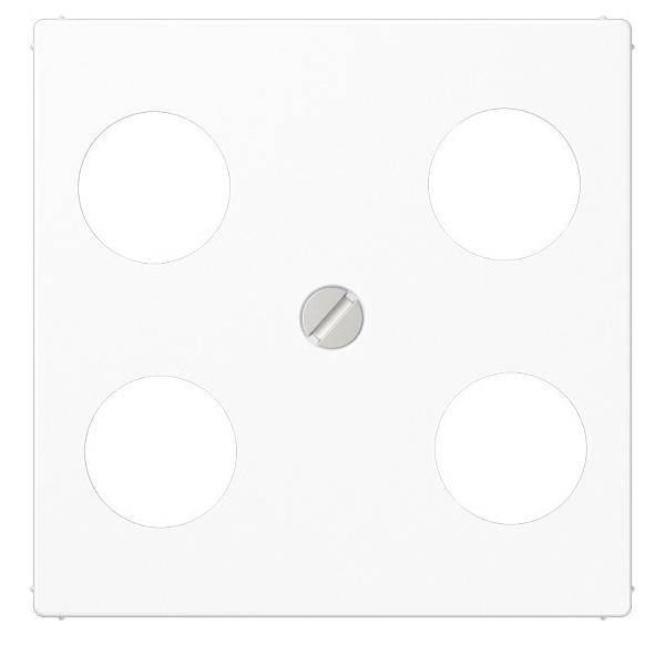 Ein weißer quadratischer Teller mit vier kreisrunden Ausschnitten und einer zentralen Schraube.
