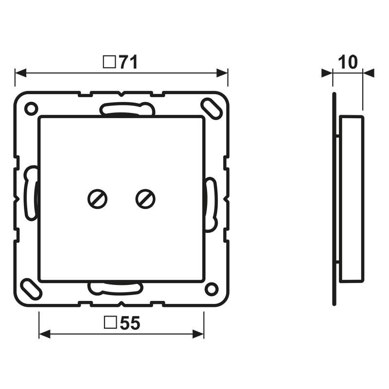 Wandsteckdosendimensionen 71x71 mm Frontansicht, 55 mm Einschubtiefe, 10 mm seitliche Dicke. Quadratische Form, Schrauben sichtbar.