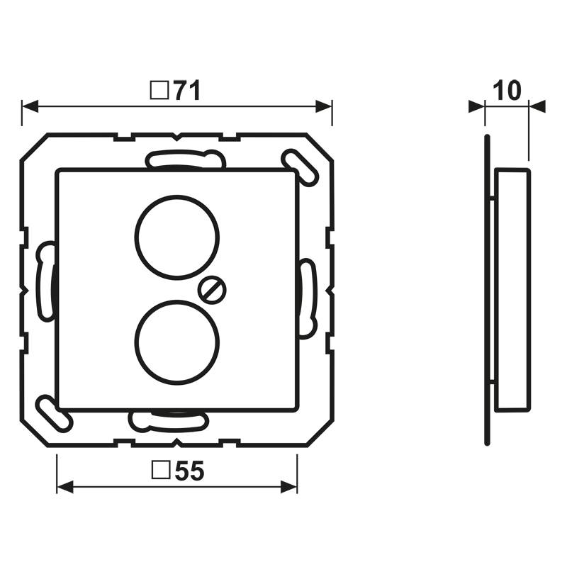 Diagramm einer quadratischen elektronischen Komponente mit Abmessungen. Frontansicht zeigt zwei Kreise; Seitenansicht zeigt Dicke. Abmessungen: 71x71x10.