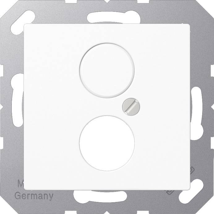 Eine minimalistische weiße Lichtschalterblende mit zwei kreisrunden Öffnungen, wobei eine eine kleine Schraube aufweist. Die Blende wird von einem metallischen Befestigungsrahmen umgeben.