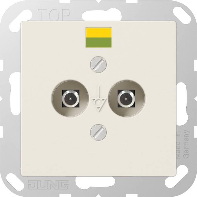 Fernseh- und Radioeinbau-Wandsteckdose mit zwei kreisrunden Anschlussöffnungen von Jung, gekennzeichnet mit einem gelb-grünen Aufkleber oben.