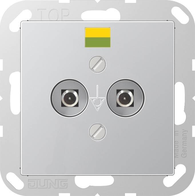 Eine metallische Wandsteckdose für elektronische Verbindungen, die zwei kreisförmige Anschlüsse auf einer quadratischen Platte mit einer kleinen Farbspalte oben aufweist.