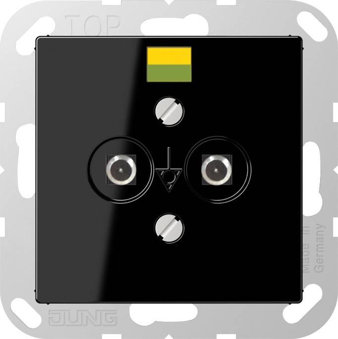 Eine Nahaufnahme einer schwarzen Steckdosenblende mit zwei runden Steckdosen und einer grünen und gelben Anzeige oben, eingesetzt in einem metallischen Rahmen.