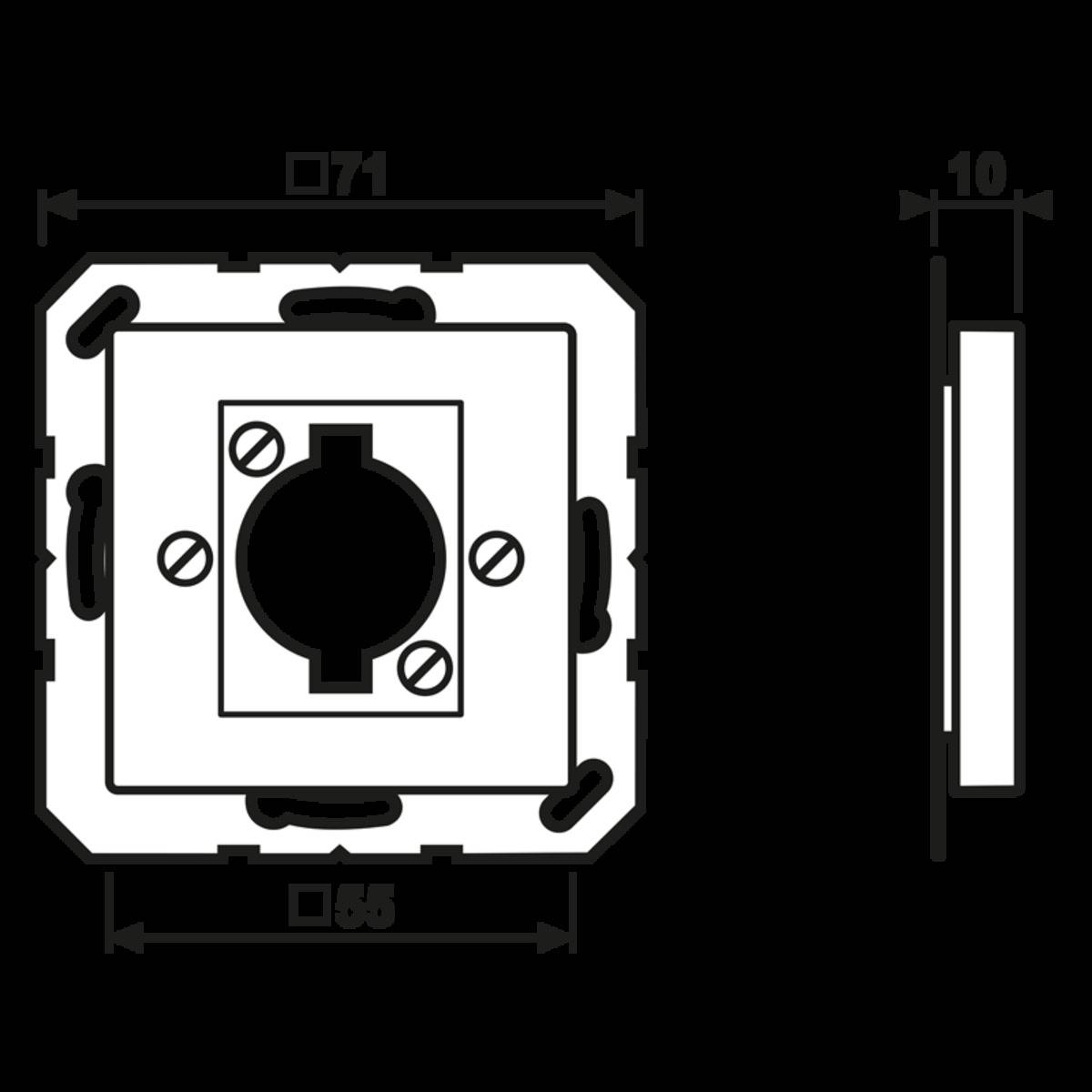 Diagramm eines Wandsteckdosenblendendesigns mit Abmessungen: 71 mm Breite, 71 mm Höhe, 55 mm für den inneren Bereich, 10 mm Tiefe.