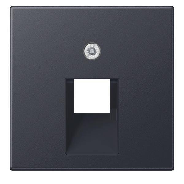 Eine schwarze quadratische Wandplatte mit einer Schraube in der oberen Mitte und einer rechteckigen Öffnung in der unteren Mitte, möglicherweise für einen Datenport.