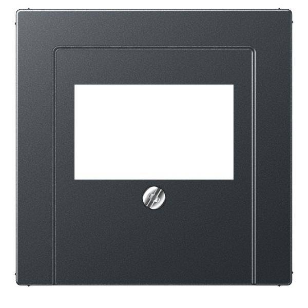 Dunkelgraue rechteckige Elektrische Verteilerdose mit einem weißen Beschriftungsbereich in der oberen Mitte und einer runden Metallschraube darunter.