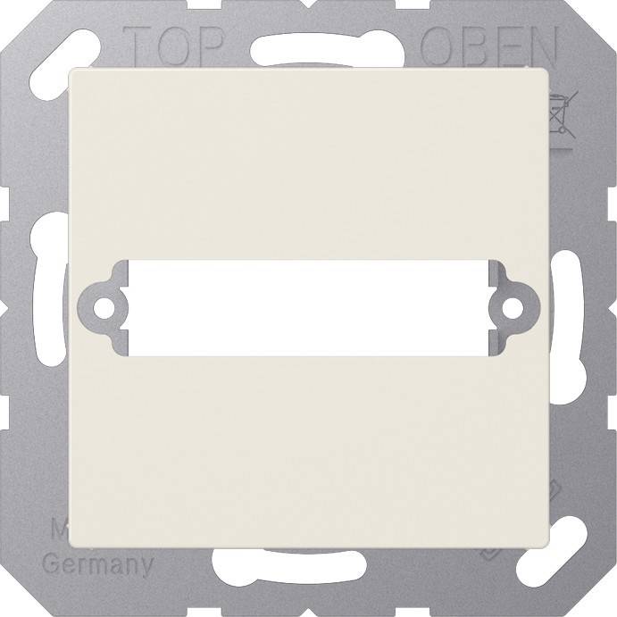 Quadratischer Lichtschalterrahmen mit einer Aussparung in der Mitte zur Installation. Er ist beige und verfügt über Schraublöcher an beiden Seiten.