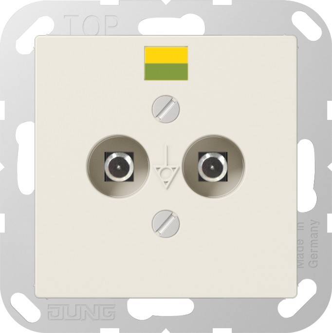 Eine Doppel-Steckdose für Fernsehen mit Metallrahmen, gekennzeichnet mit einem grün-gelben Aufkleber an der Oberseite, für die Wandmontage konzipiert.