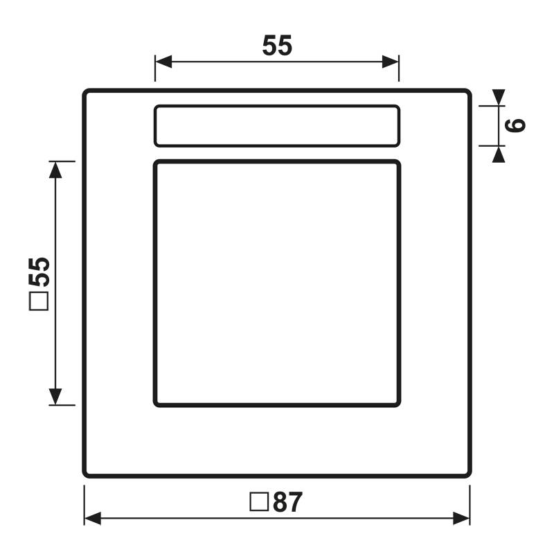 Diagramm eines quadratischen Objekts mit Abmessungen: 55x87 Einheiten, mit einem rechteckigen Oberteil, das 6 Einheiten hoch markiert ist. Schwarzer Hintergrund.