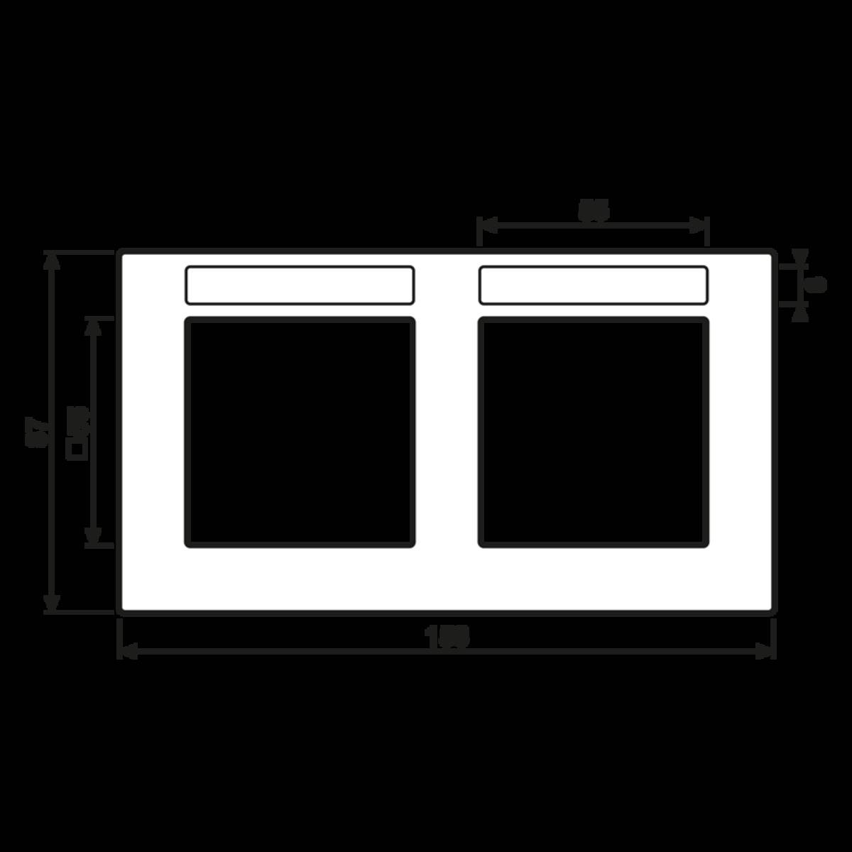 Technische Zeichnung eines rechteckigen Objekts mit zwei quadratischen Ausschnitten, Dimensionen in technischer Darstellung.