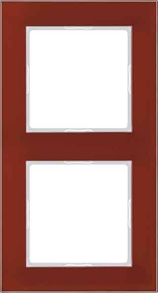 Ein dunkelroter Rahmen mit zwei weißen Rechtecken, die vertikal übereinander angeordnet sind.