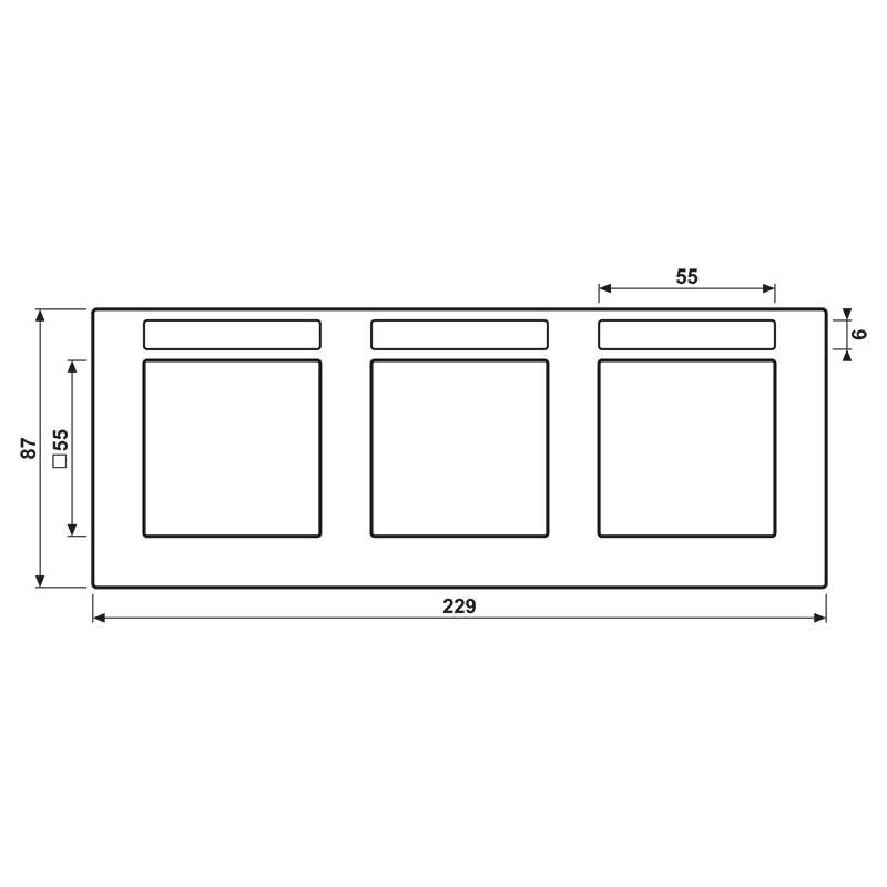 Eine technische Zeichnung zeigt drei gleich große Rechtecke horizontal ausgerichtet, wobei jedes Rechteck mit Abmessungen bezeichnet ist: Breite 55, Höhe 87. Die Gesamtbreite beträgt 229.