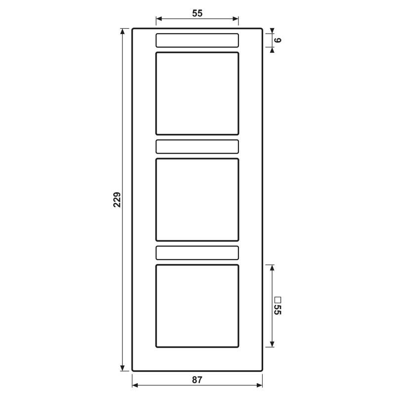 Eine weiße Tür mit drei rechteckigen Glasfeldern, die vertikal gleichmäßig angeordnet sind. Die Maße der Tür sind beschriftet: 229 cm Höhe und 87 cm Breite.