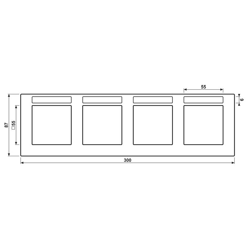 Eine schwarze Bauzeichnung mit einer langen rechteckigen Form, die vier gleichmäßig entlang ihrer Länge angeordnete quadratische Ausschnitte aufweist, die mit Maßangaben beschriftet sind.