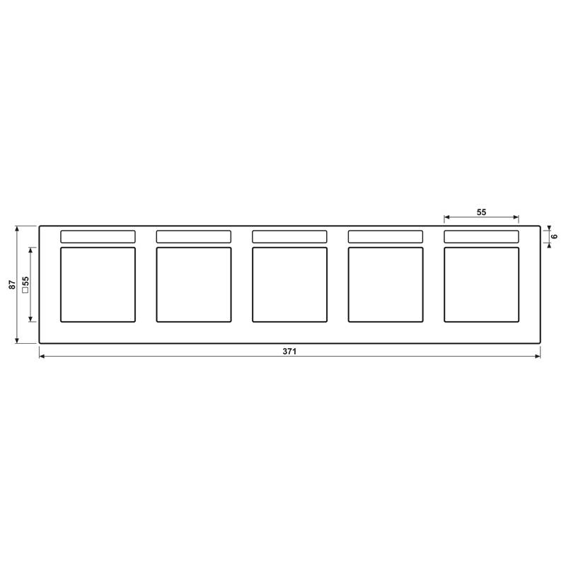 Ein schwarzes rechteckiges Objekt mit fünf quadratischen Aussparungen in einer Reihe. Jede Aussparung verfügt über eine kleine rechteckige Vertiefung oberhalb ihrer Position.