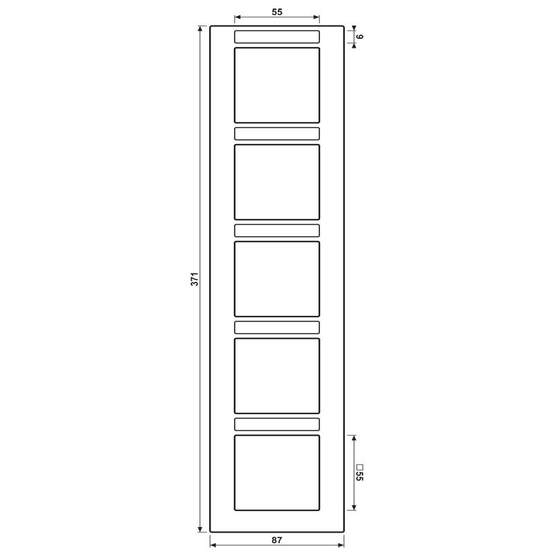 Ein vertikales rechteckiges Design mit sechs gleichmäßig angeordneten horizontalen Schlitzen. Die Schlitze sind symmetrisch ausgerichtet und gleichmäßig verteilt.