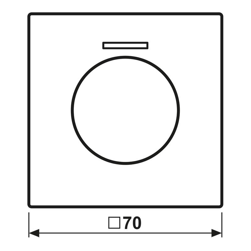 Ein weißes quadratisches Symbol mit einem zentrierten Kreis, der eine Schaltfläche darstellt, gekennzeichnet mit der Maßangabe „70