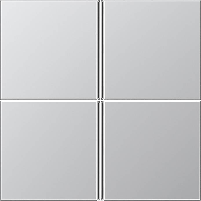 Vier metallische silberne Quadratpaneele, die eine größere quadratische Form bilden, gleichmäßig ausgerichtet, reflektieren das Licht dezent.