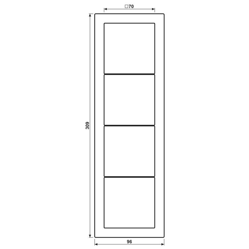 Ein rechteckiges weißes Objekt mit vier gleichmäßig verteilten horizontalen Linien, das vor einem schwarzen Hintergrund platziert ist.