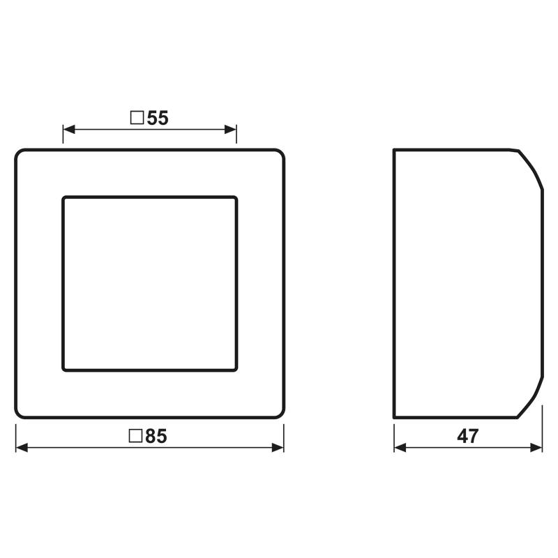 Diagramm einer quadratischen Objektdarstellung mit Vorder- und Seitenansicht. Vorderseite misst 85x85 mm und inneres Quadrat misst 55x55 mm. Seitentiefe beträgt 47 mm.