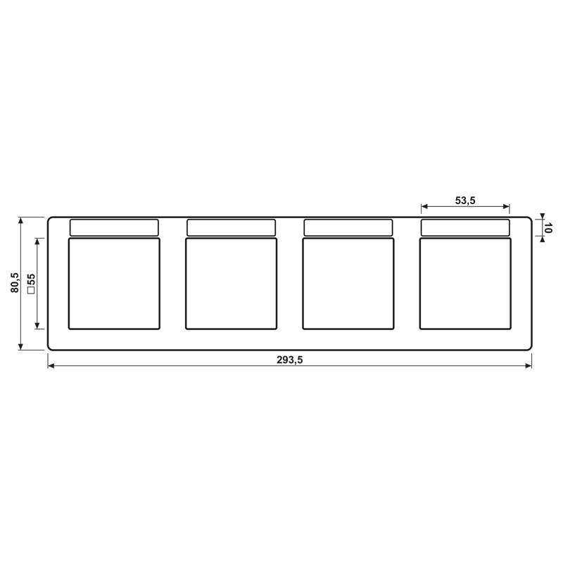Ein Diagramm eines horizontalen rechteckigen Rahmens mit vier gleichmäßig verteilten quadratischen Aussparungen, wobei jede Aussparung 53,5 Einheiten breit und 107,5 Einheiten hoch misst.