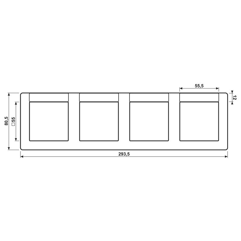 Ein schwarzes Rechteck mit vier gleichmäßig verteilten, kleineren weißen Quadraten im Inneren. Die Abmessungen sind markiert: Gesamtbreite 291,6, Breite jedes Quadrats 55,5, Höhe 105,6.