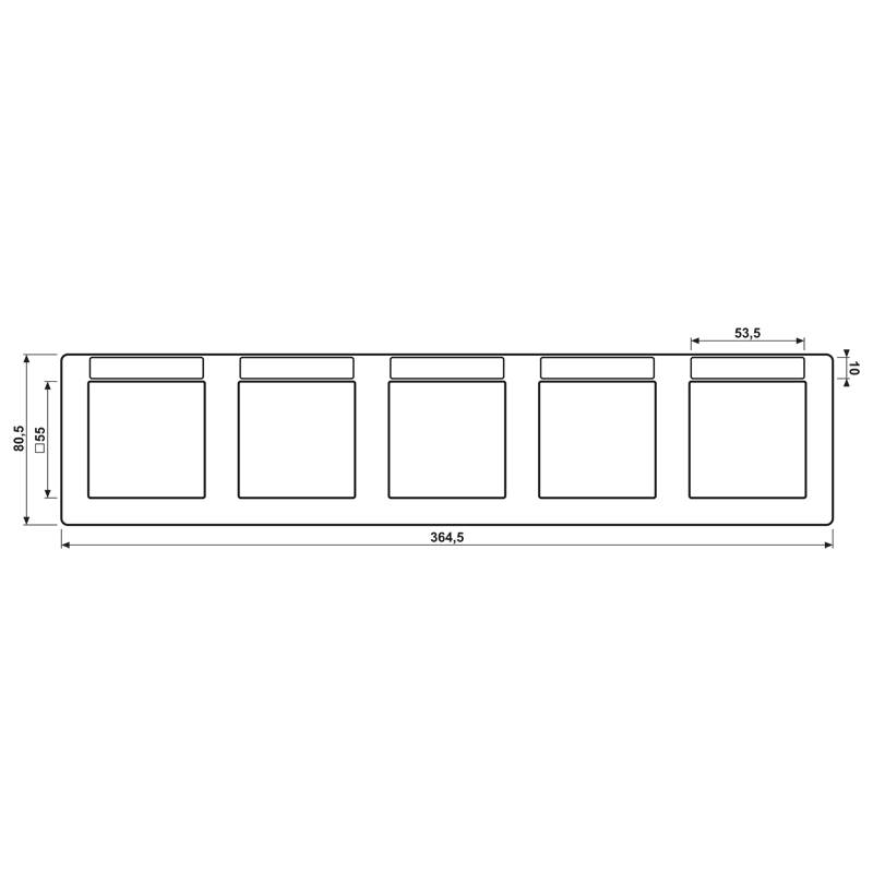 Eine schwarz-weiße Skizze, die eine Reihe von fünf gleichmäßig angeordneten rechteckigen Formen innerhalb eines größeren Rechtecks mit Maßangaben zeigt.