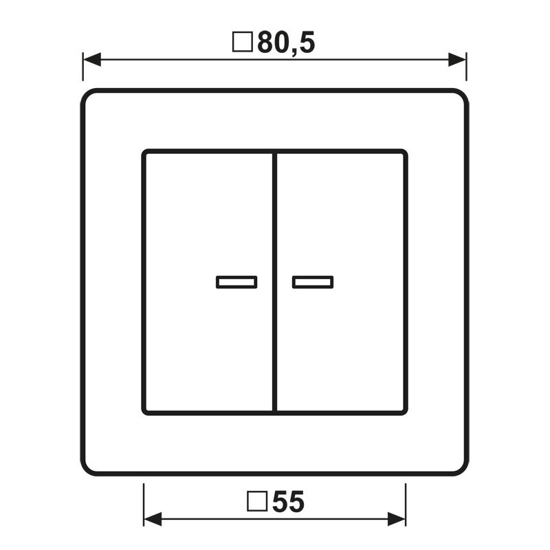 Doppel-Lichtschalter-Design, quadratische Form mit zwei separaten Schaltern nebeneinander. Gesamtabmessungen: 80,5 x 55 Einheiten.