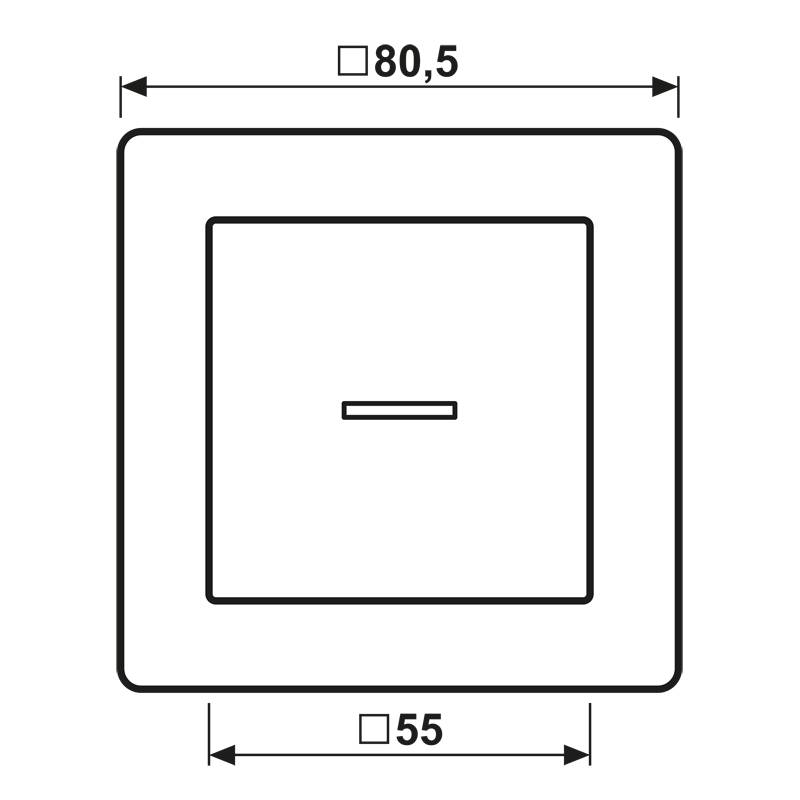 Ein quadratiger Lichtschalter mit Abmessungen: äußerer Rahmen 80,5 mm, innerer Knopf 55 mm. Minimalistisches Design, horizontal zentrierte Linienkennzeichnung.