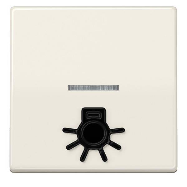Ein beiger Dimmer mit einem schwarzen Knopf und Sonnensymbol, der zur Anpassung der Lichtintensität verwendet wird.